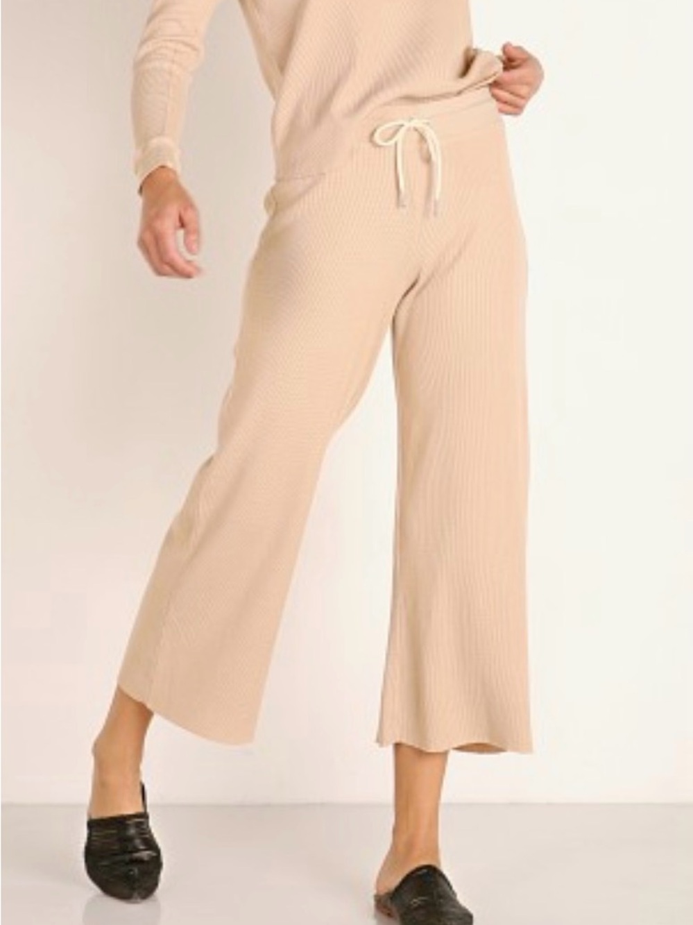 Mate The Label Ali Thermal Crop Wide Leg Pants Beige Waffle Knit Organic Size M